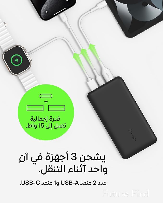 10000mAh Belkin portable power bank,1 USB ' C port and 2 USB 'A port.